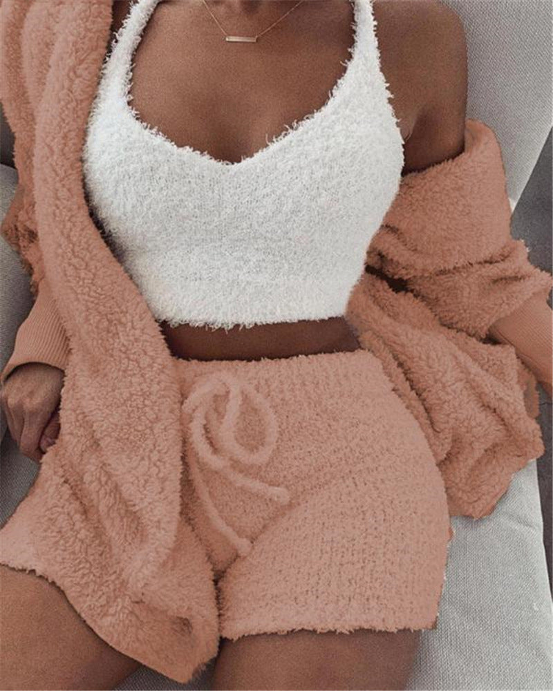 Womens Clothing long sleeves tank top And Drawstring Shorts Pajama Set