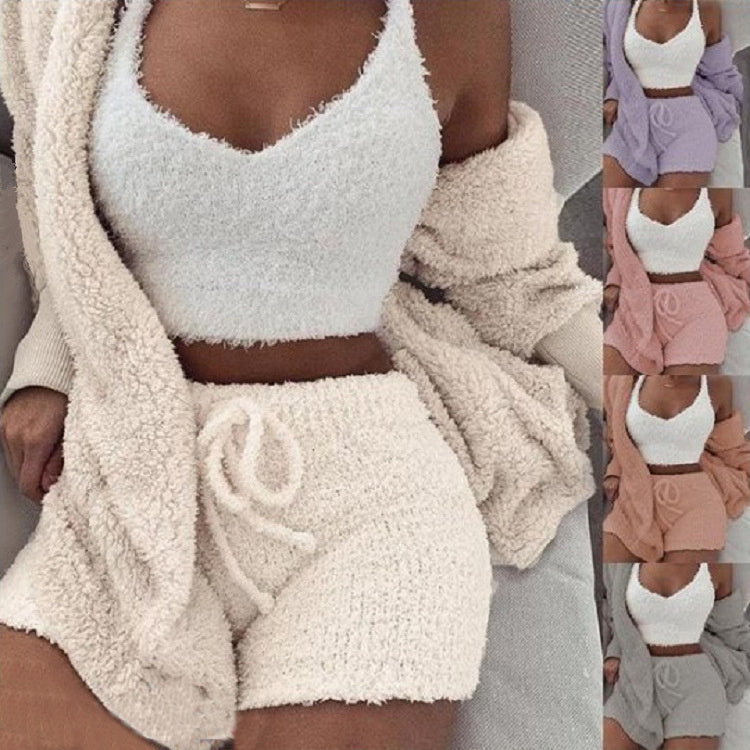 Womens Clothing long sleeves tank top And Drawstring Shorts Pajama Set