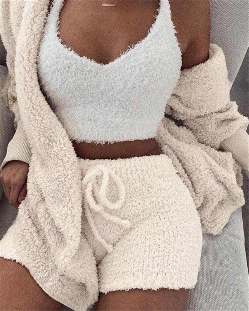 Womens Clothing long sleeves tank top And Drawstring Shorts Pajama Set