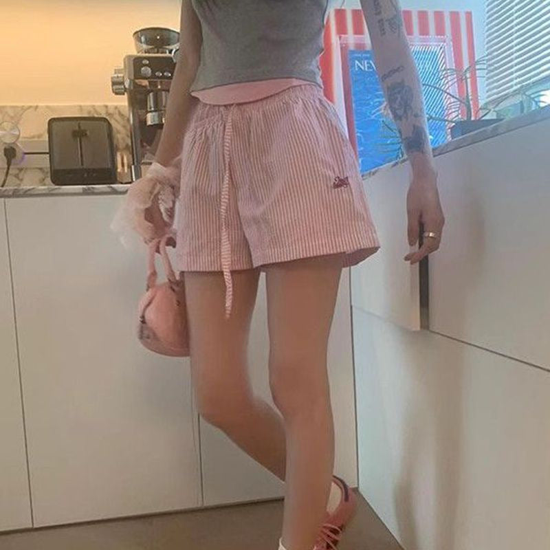 Blue Color With Pinky White Flowers Vertical Striped Hot Pants