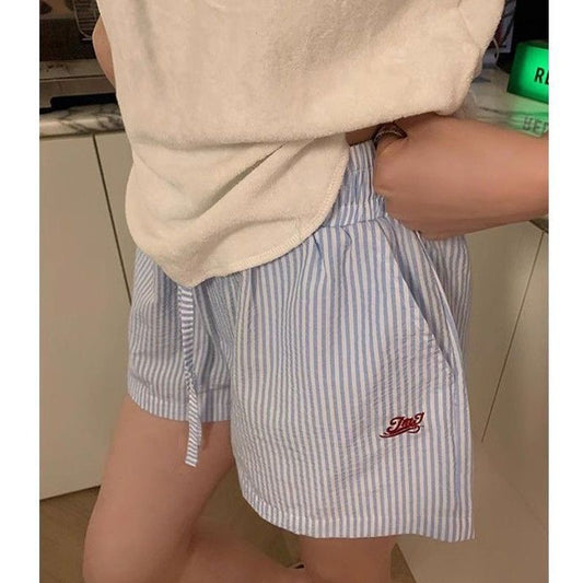 Blue Color With Pinky White Flowers Vertical Striped Hot Pants