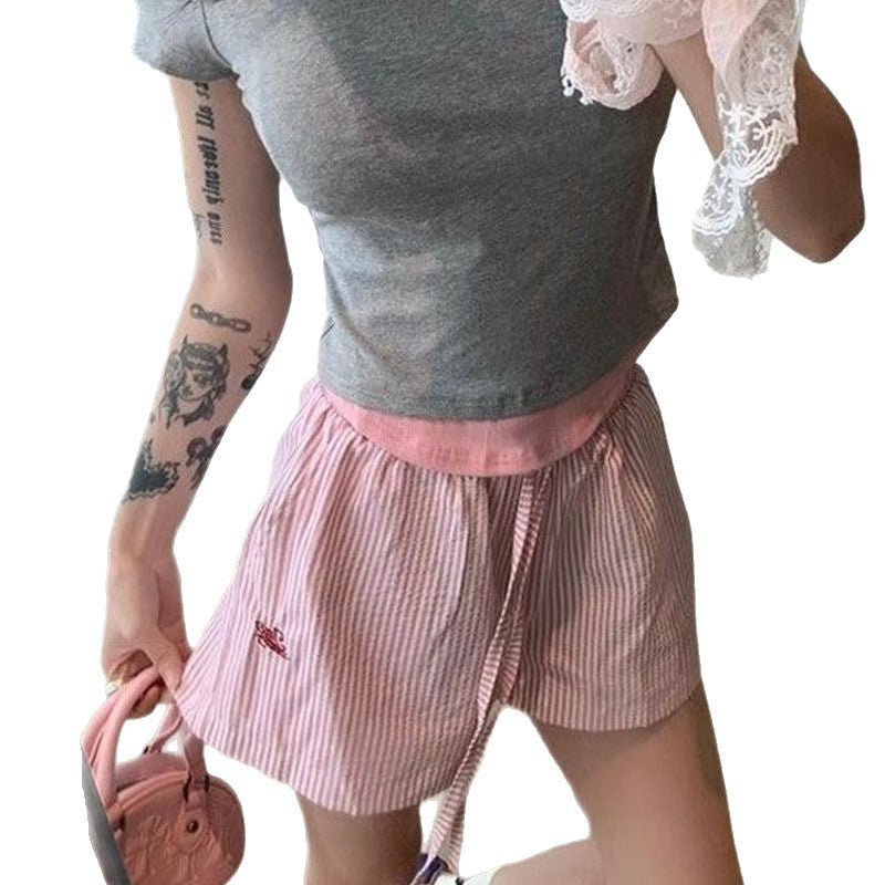 Blue Color With Pinky White Flowers Vertical Striped Hot Pants