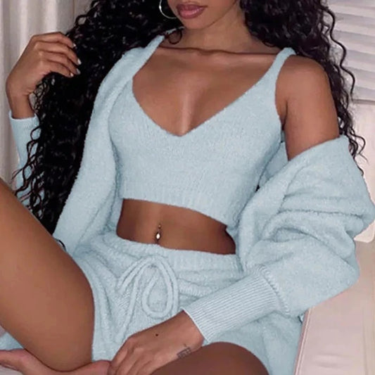 Womens Clothing long sleeves tank top And Drawstring Shorts Pajama Set