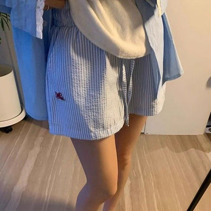 Blue Color With Pinky White Flowers Vertical Striped Hot Pants