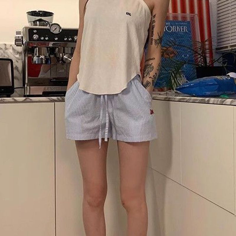 Blue Color With Pinky White Flowers Vertical Striped Hot Pants