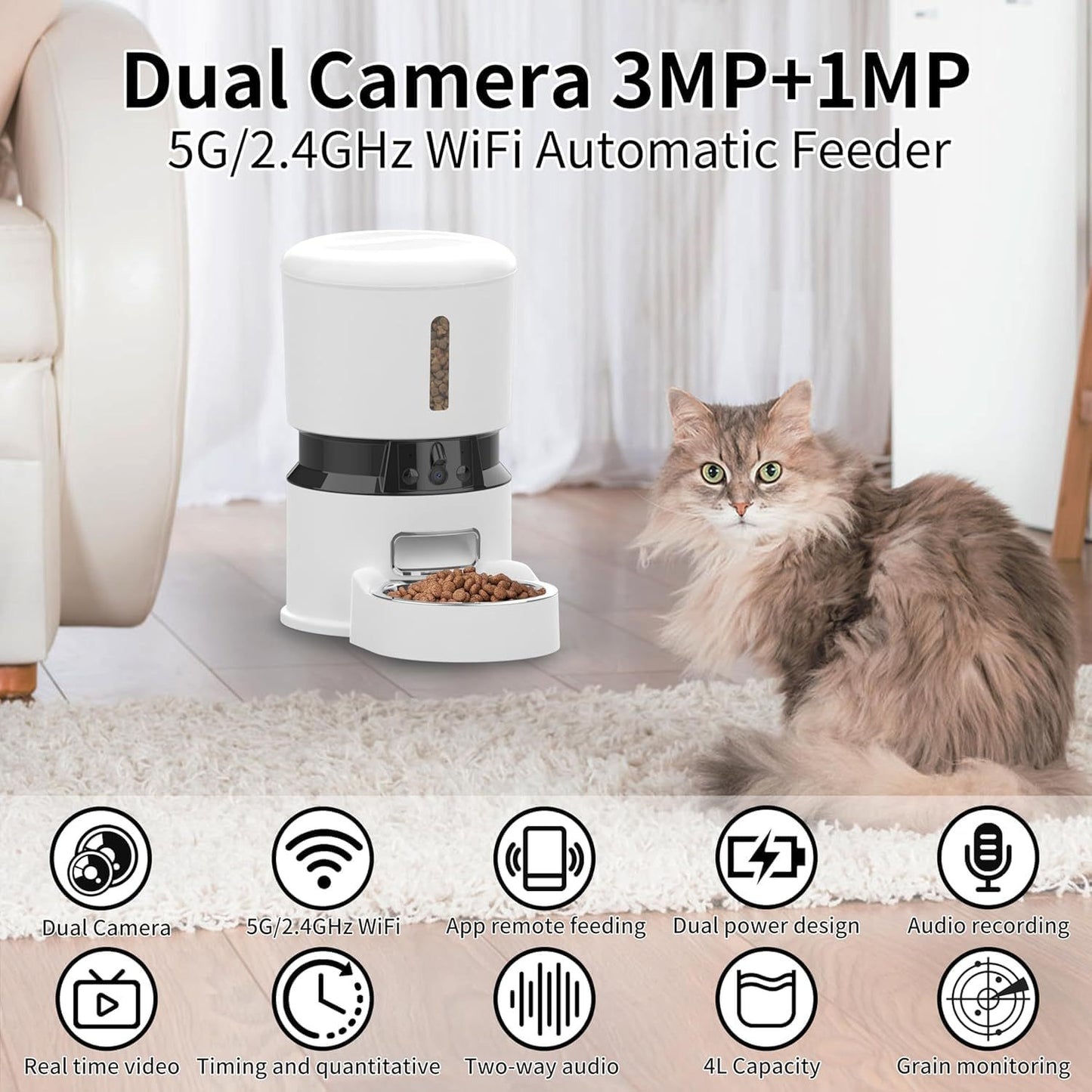 Automatic Dog & Cat Feeder with 1080P Camera | Smart 4L Food Dispenser, APP Control, Low Food Sensor, Fresh Lock System