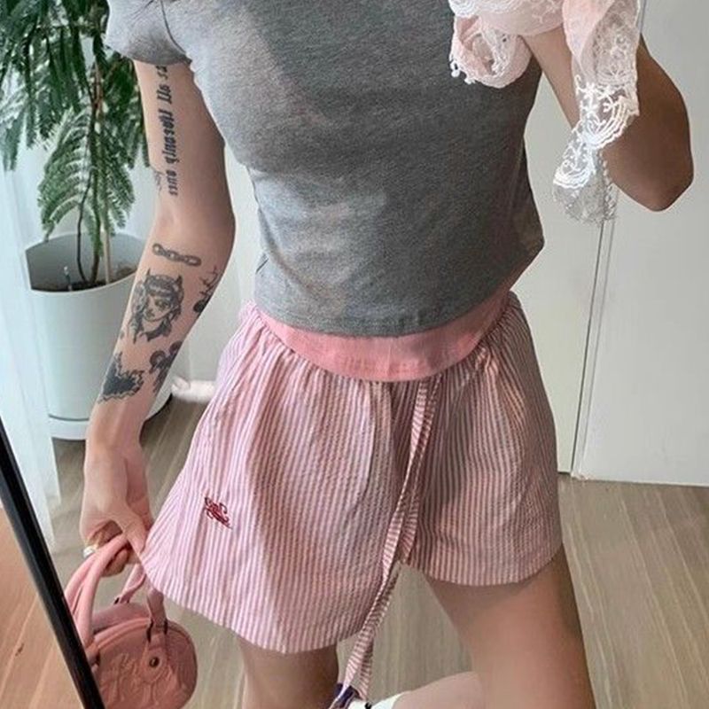 Blue Color With Pinky White Flowers Vertical Striped Hot Pants