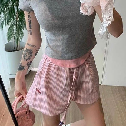 Blue Color With Pinky White Flowers Vertical Striped Hot Pants